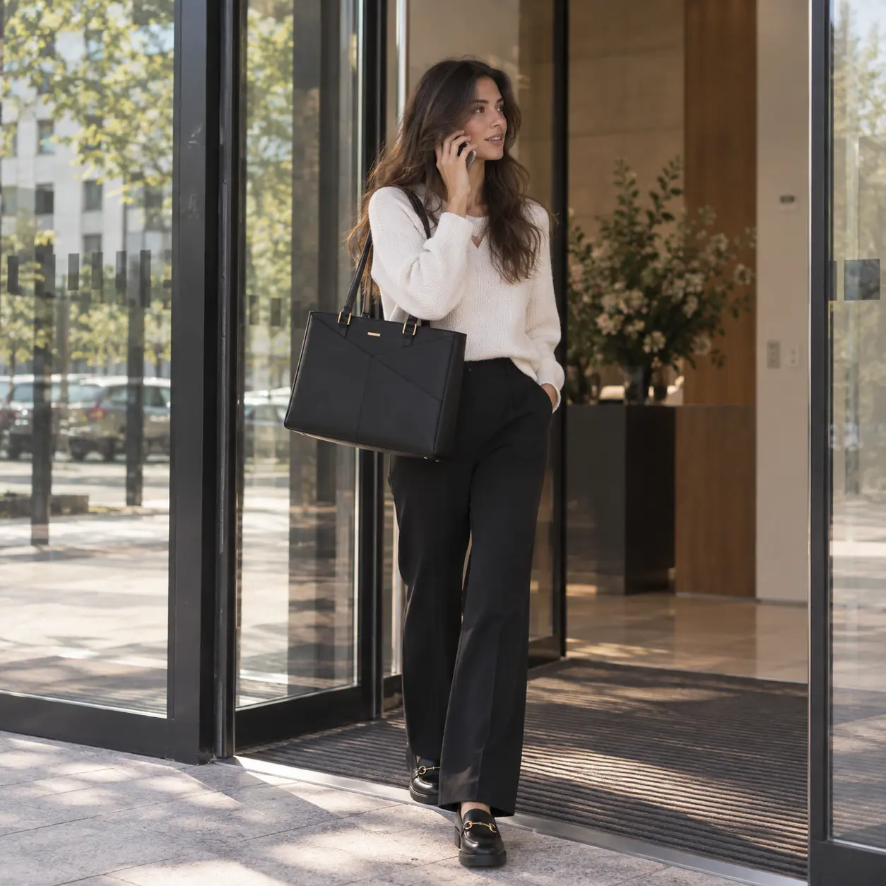Femme au téléphone sortant d'un immeuble de bureaux, le sac Olvia noir à l'épaule